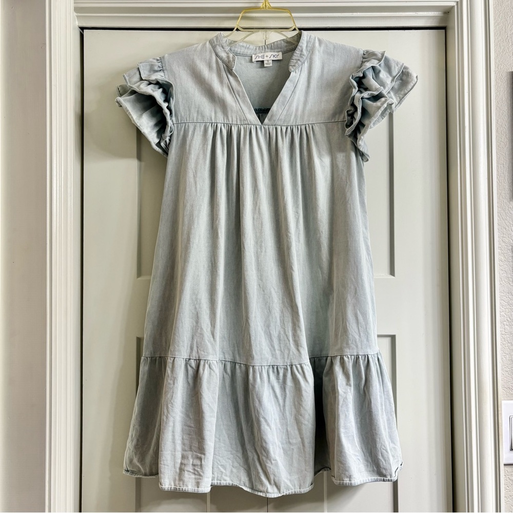 Light Blue Denim Babydoll Dress Ruffle Sleeve V-Neck Tiered Small Summer Casual